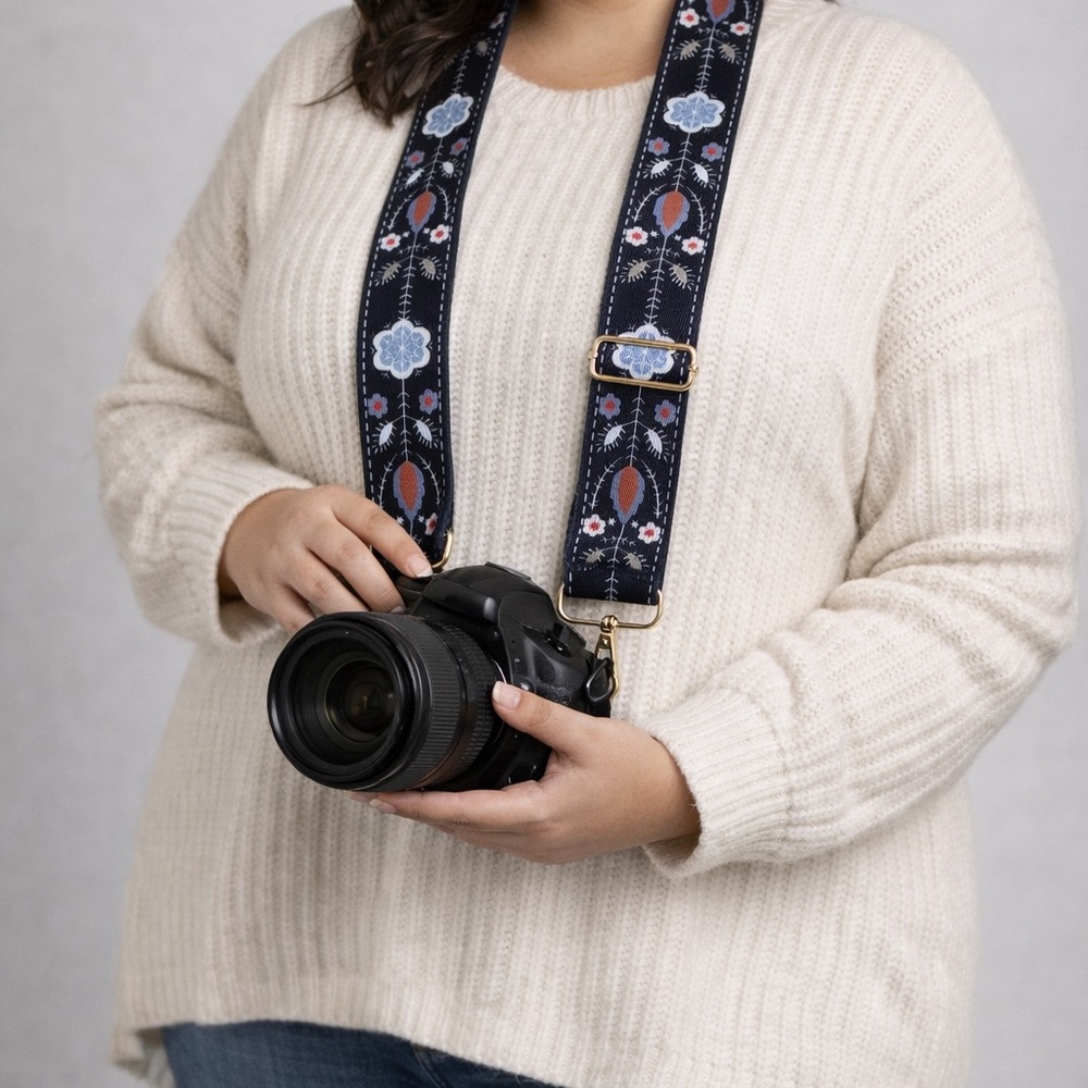Source Unknown Floral Camera Strap - Black and Blue